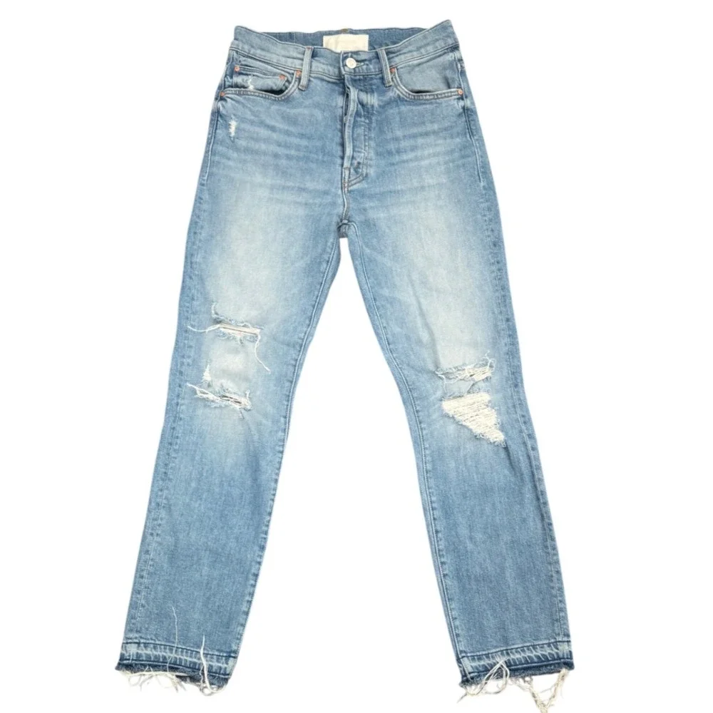 MOTHER Superior High Waisted Hiker Hover Undone Hem On My Knees 27 Distress Jean